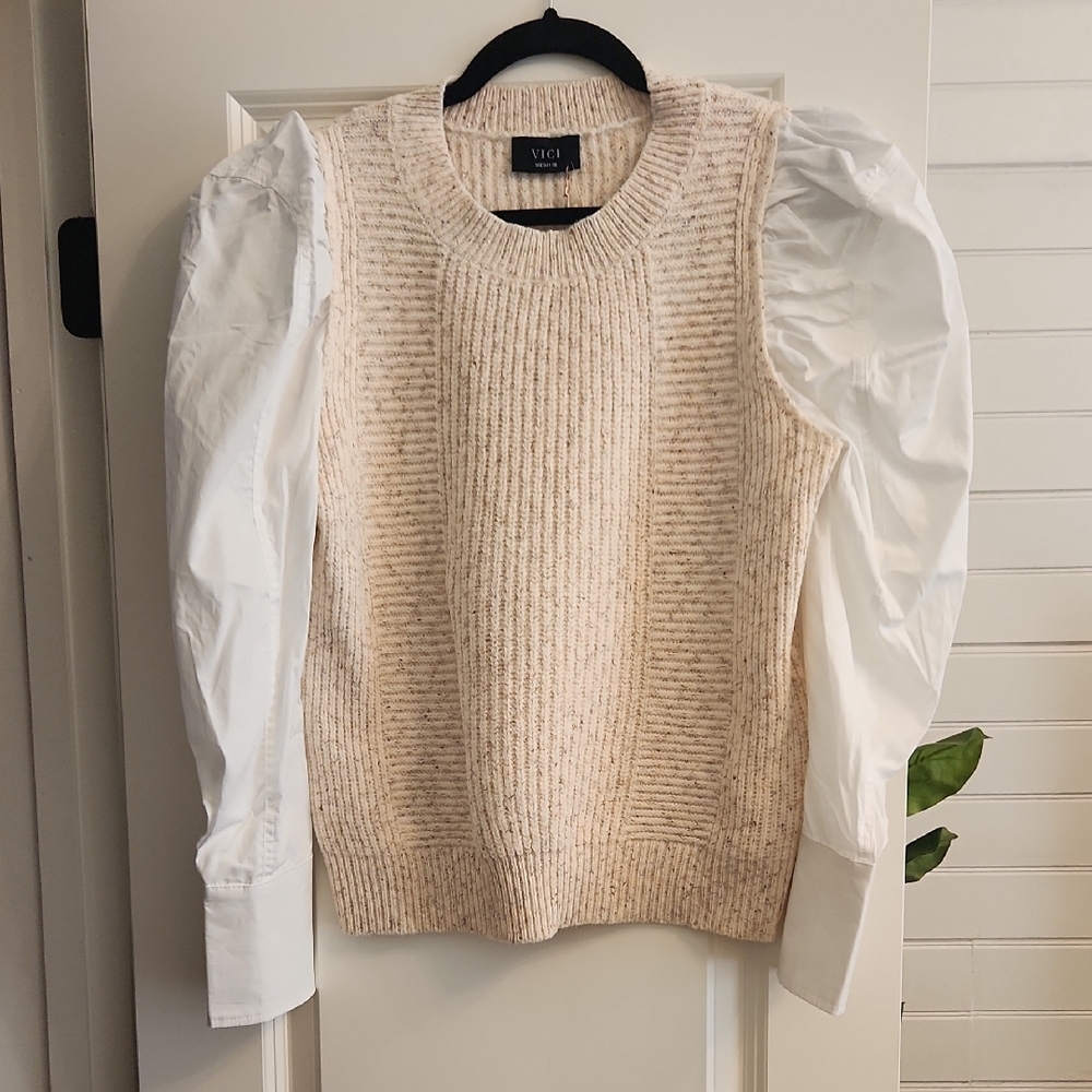 Vici Beige Sweater with White Puff Sleeves
